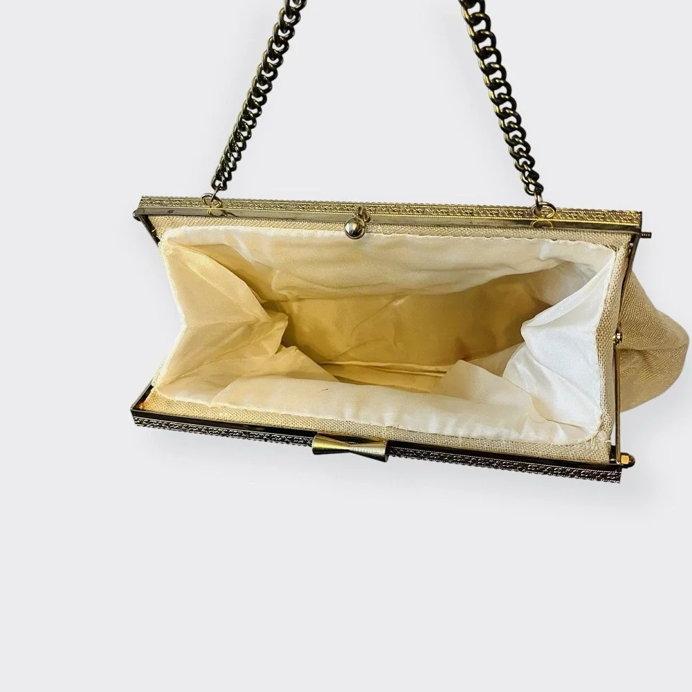 Vintage Crewel Floral Embroidery Bag Gold‎ Frame Needlepoint Off White Clutch - Picture 11 of 12